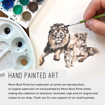 Lion Family of 3 Safari Animal Watercolor Art Print - Art Prints - Moon Rock Prints