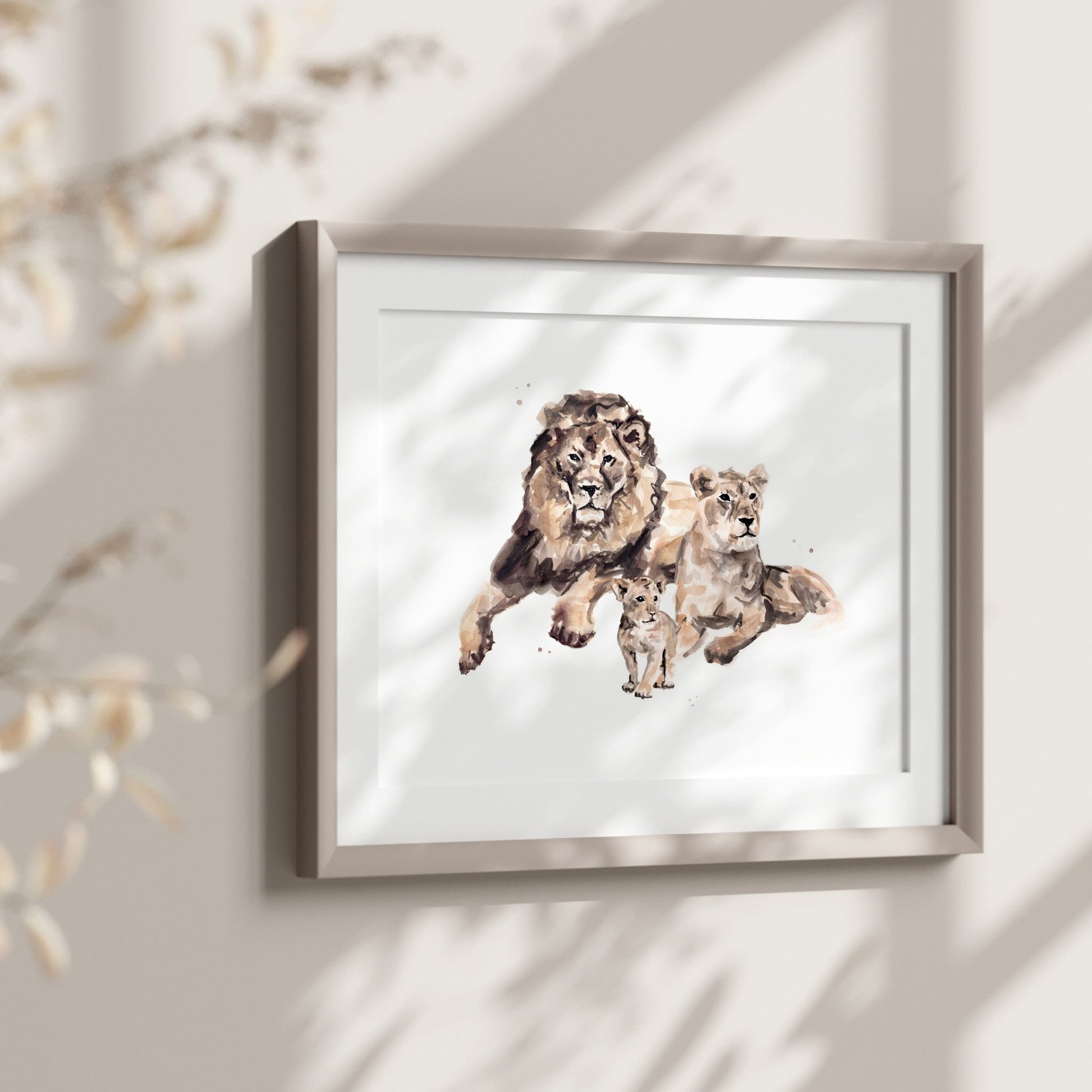 Lion Family of 3 Safari Animal Watercolor Art Print - Art Prints - Moon Rock Prints