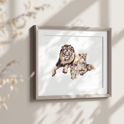 Lion Family of 3 Safari Animal Watercolor Art Print - Art Prints - Moon Rock Prints