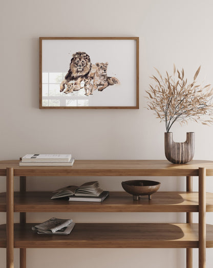 Lion Family of 4 Jungle Animal Watercolor Art Print - Art Prints - Moon Rock Prints