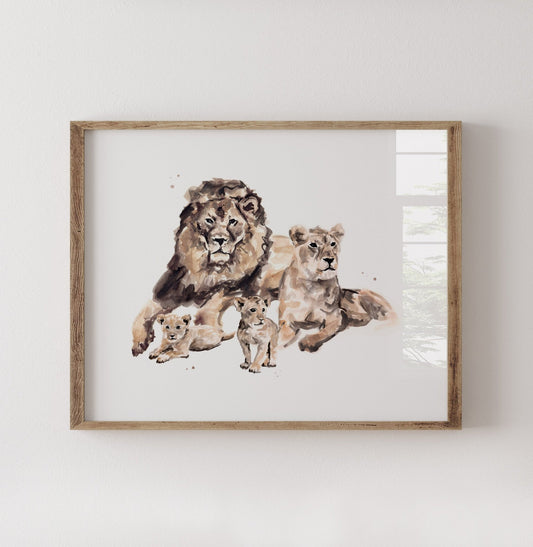Lion Family of 4 Watercolor Art Print - Art Prints - Moon Rock Prints