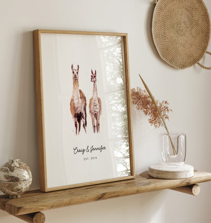 Llama Couple Personalized Watercolor Art Print - Art Prints - Moon Rock Prints