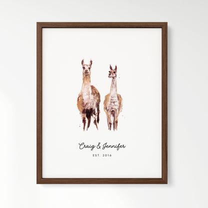 Llama Couple Personalized Watercolor Art Print - Art Prints - Moon Rock Prints