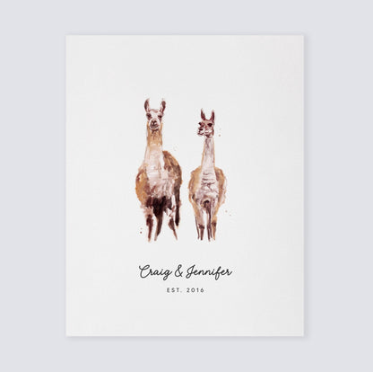 Llama Couple Personalized Watercolor Art Print - Art Prints - Moon Rock Prints