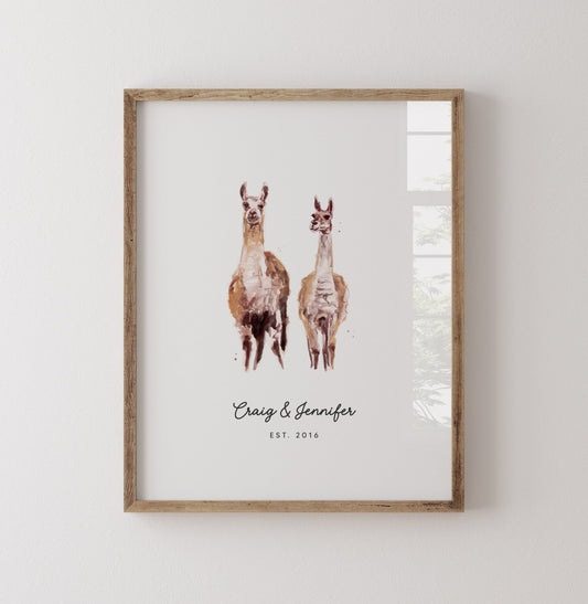 Llama Couple Personalized Watercolor Art Print - Art Prints - Moon Rock Prints