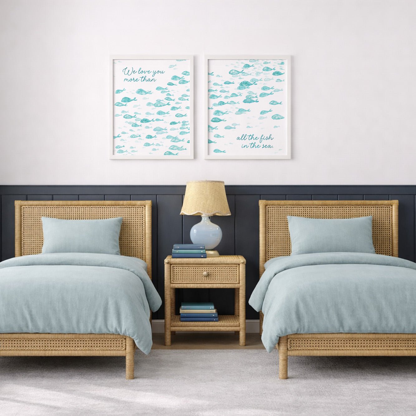 Love You More Than All The Fish in the Sea 2 Print Turquoise Fish Set - Art Prints - Moon Rock Prints