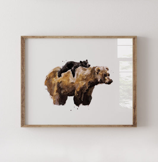 Mama Bear and Baby Bear Woodland Animal Watercolor Art Print - Art Prints - Moon Rock Prints