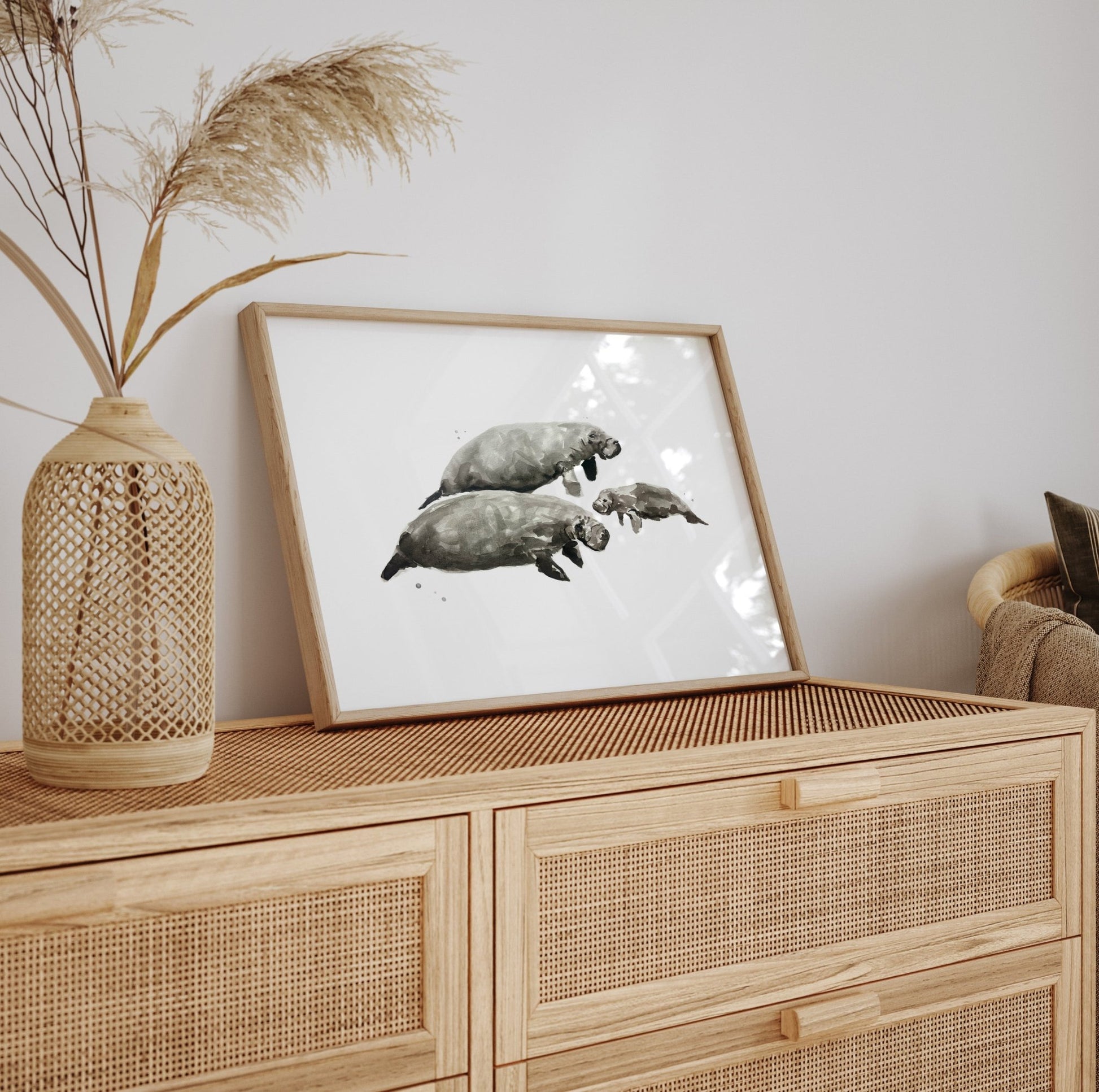 Manatee Family of 3 Ocean Animal Watercolor Art Print - Art Prints - Moon Rock Prints