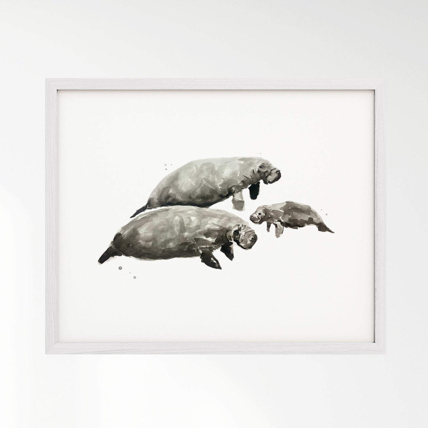 Manatee Family of 3 Ocean Animal Watercolor Art Print - Art Prints - Moon Rock Prints