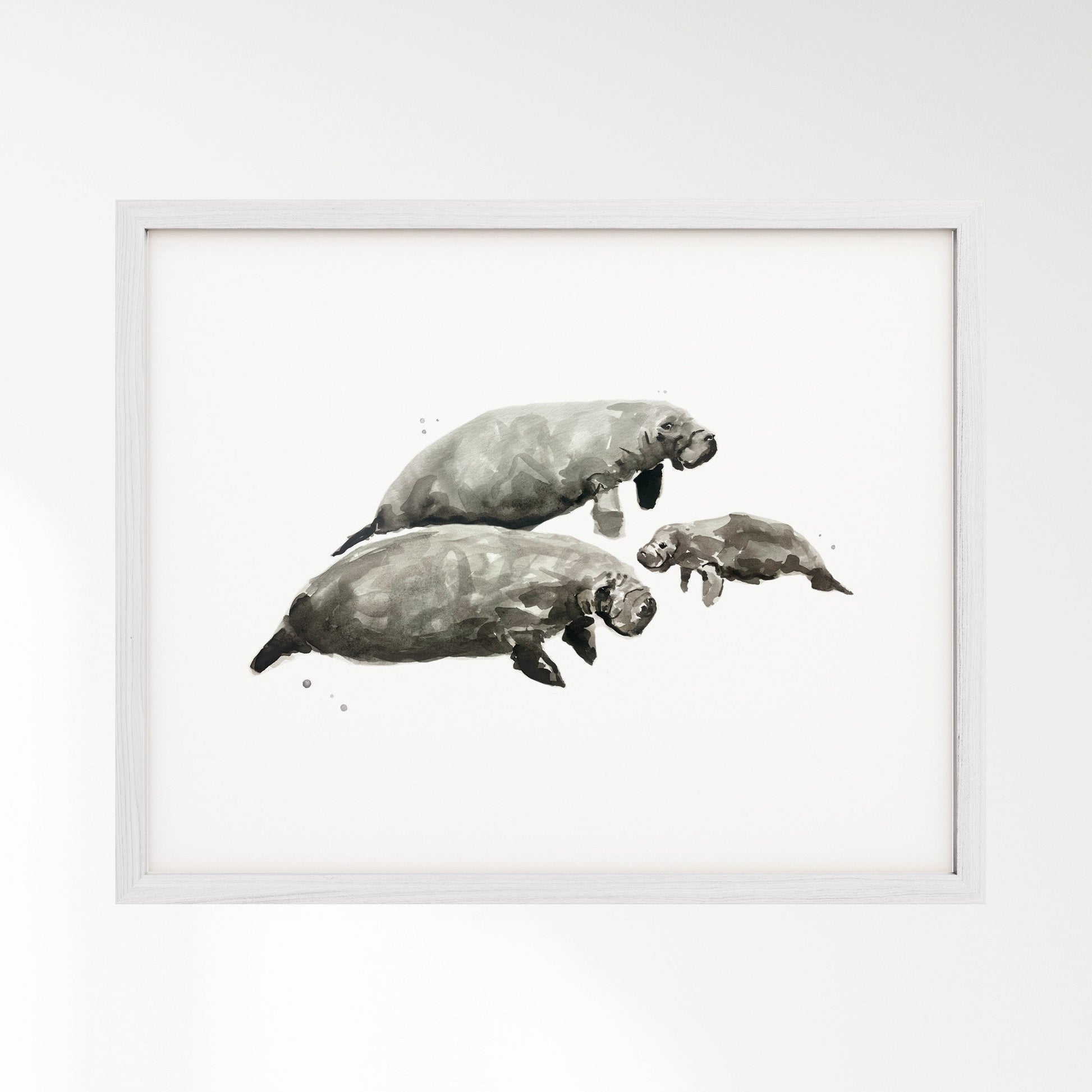 Manatee Family of 3 Ocean Animal Watercolor Art Print - Art Prints - Moon Rock Prints