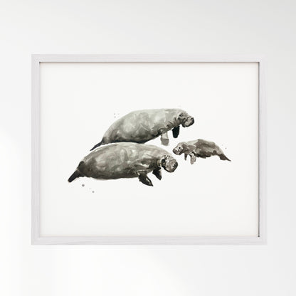 Manatee Family of 3 Ocean Animal Watercolor Art Print - Art Prints - Moon Rock Prints