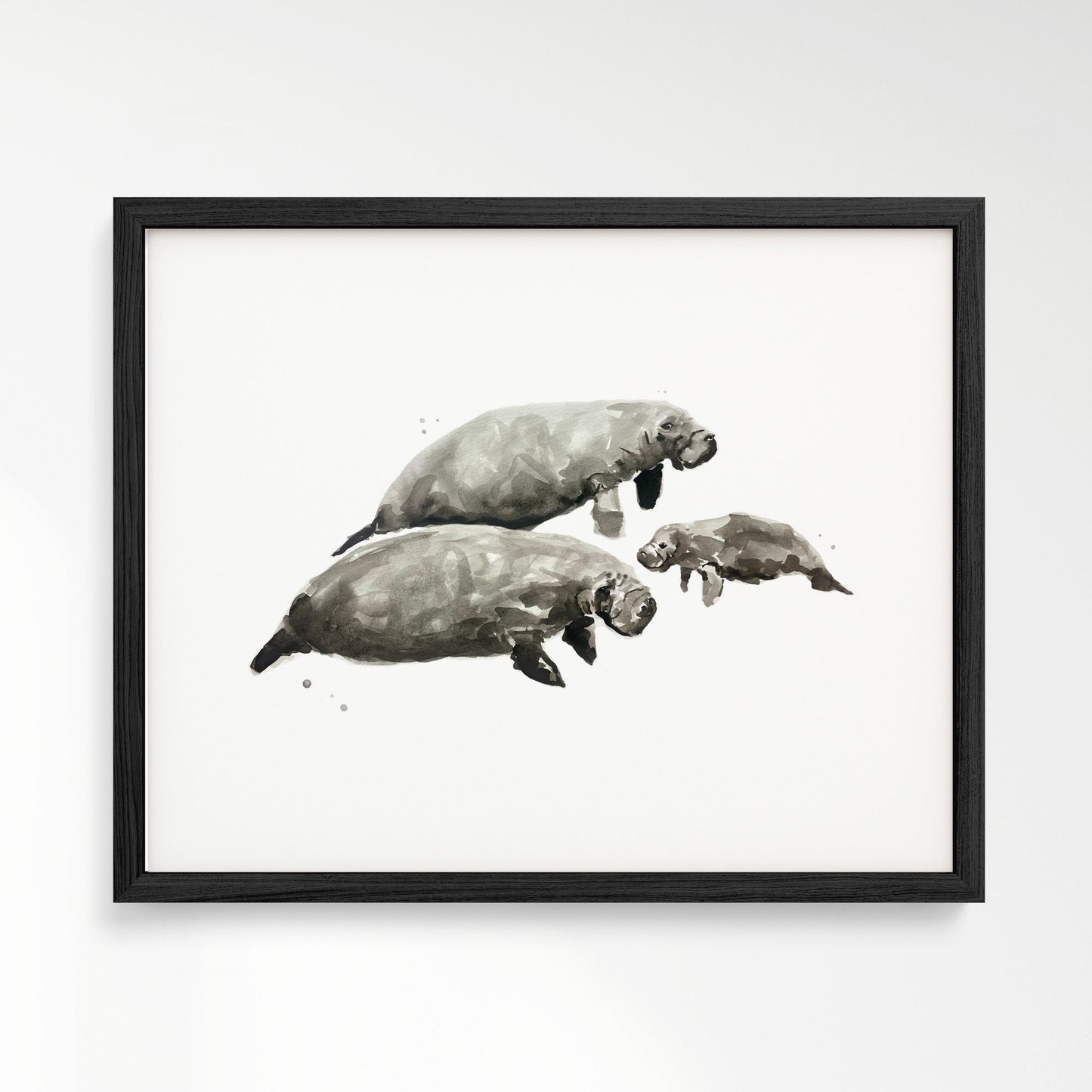 Manatee Family of 3 Ocean Animal Watercolor Art Print - Art Prints - Moon Rock Prints