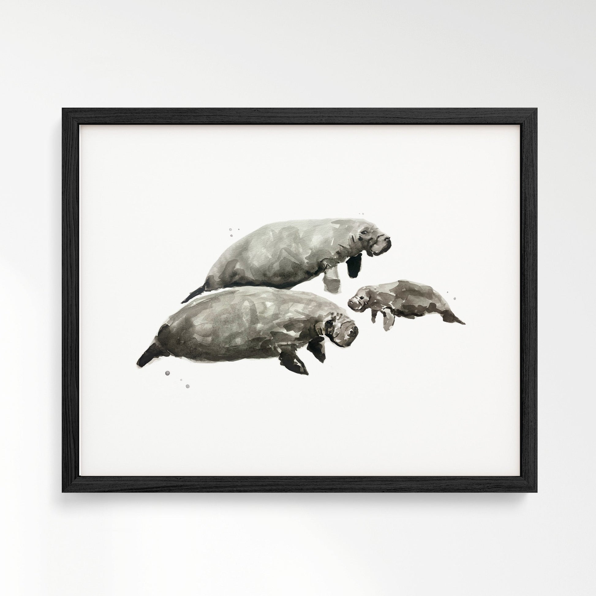 Manatee Family of 3 Ocean Animal Watercolor Art Print - Art Prints - Moon Rock Prints