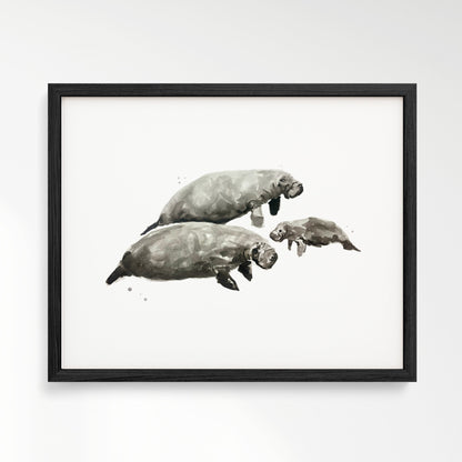 Manatee Family of 3 Ocean Animal Watercolor Art Print - Art Prints - Moon Rock Prints