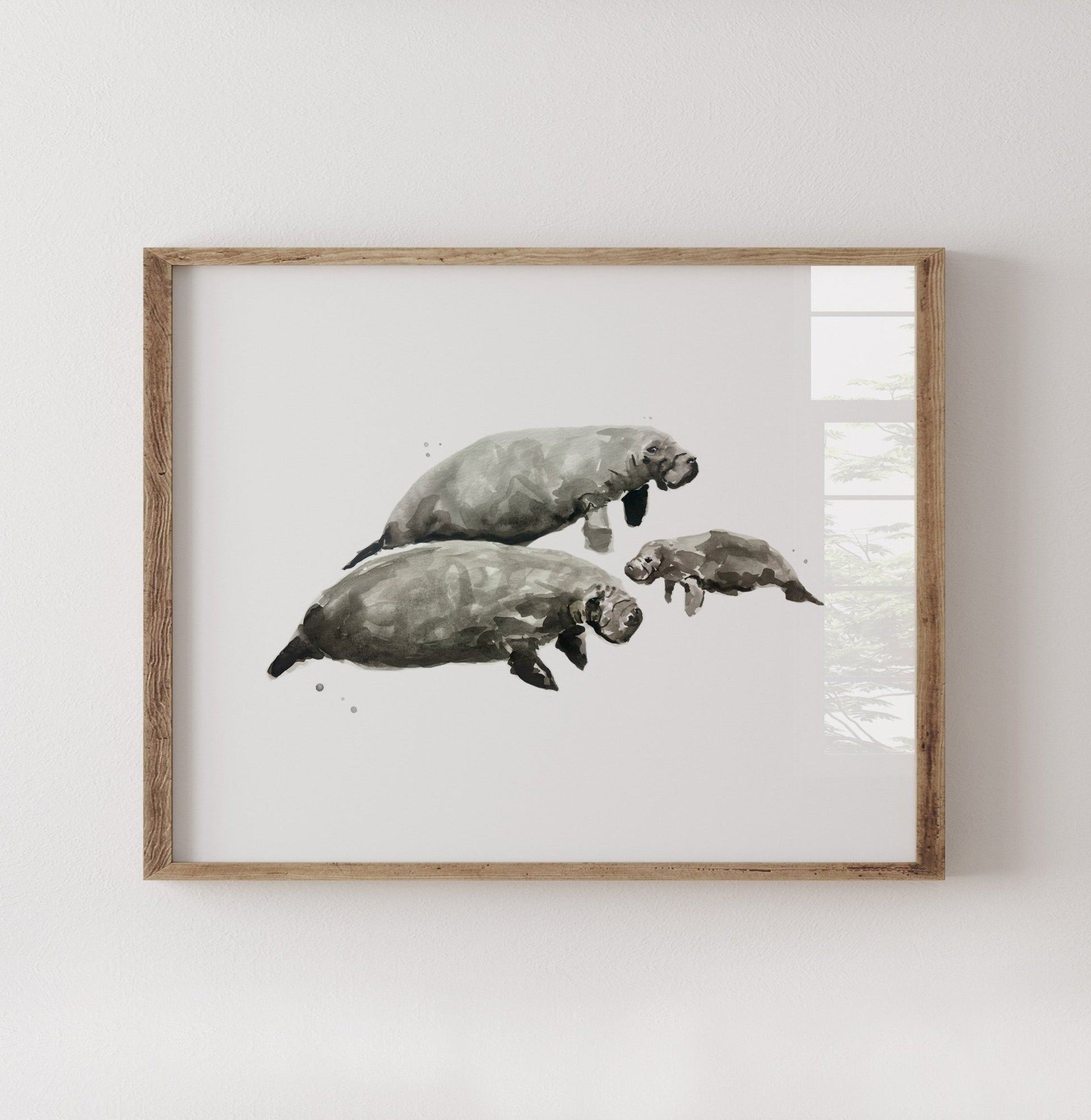 Manatee Family of 3 Ocean Animal Watercolor Art Print - Art Prints - Moon Rock Prints