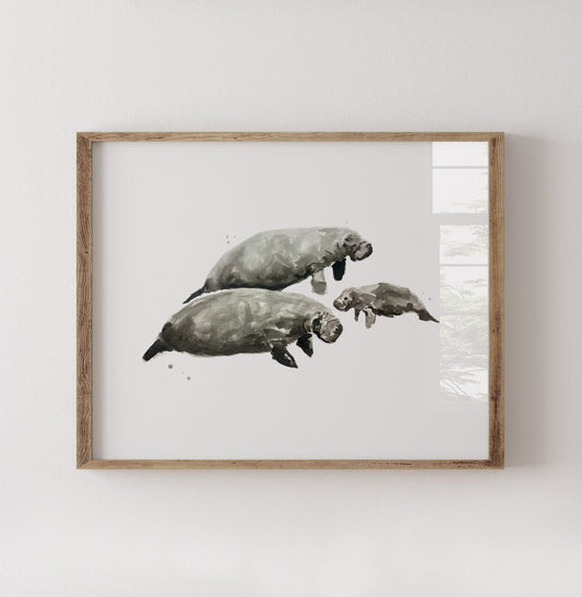 Manatee Family of 3 Ocean Animal Watercolor Art Print - Art Prints - Moon Rock Prints