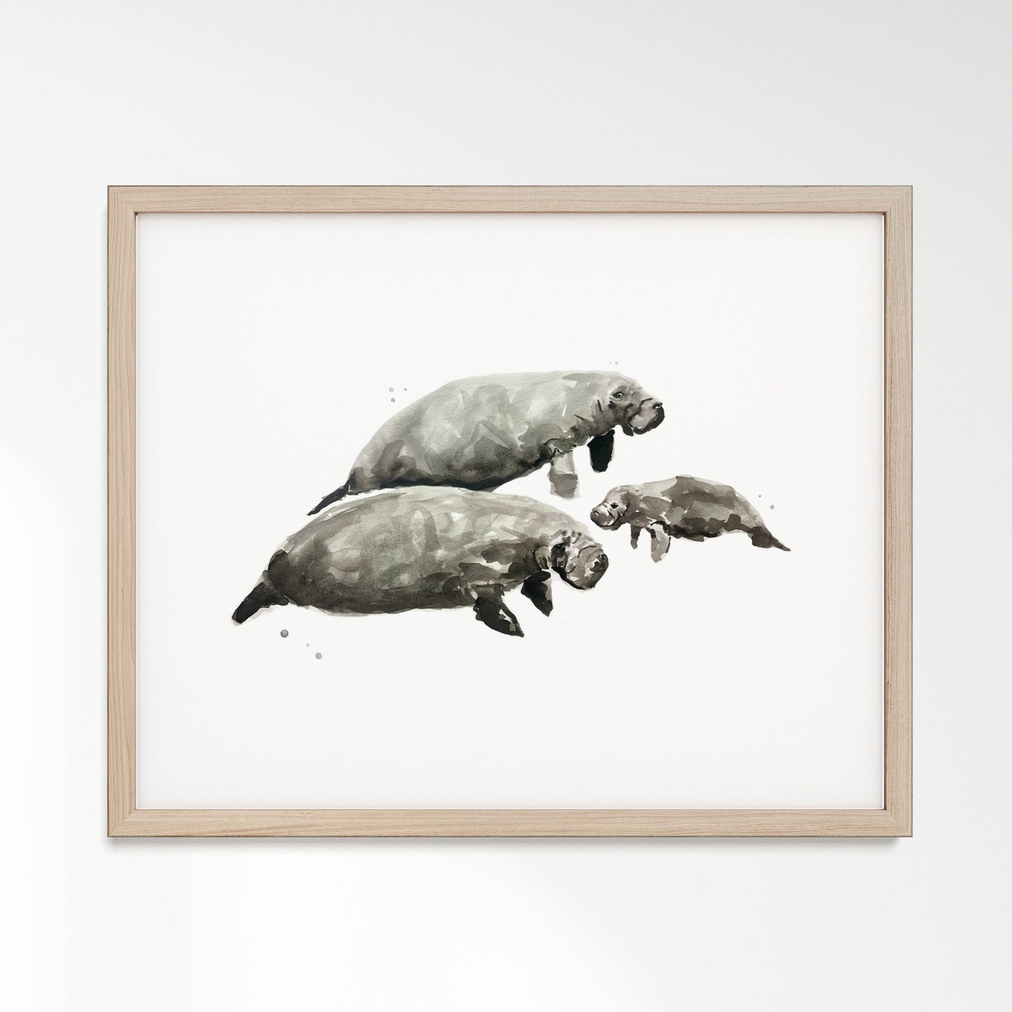 Manatee Family of 3 Ocean Animal Watercolor Art Print - Art Prints - Moon Rock Prints