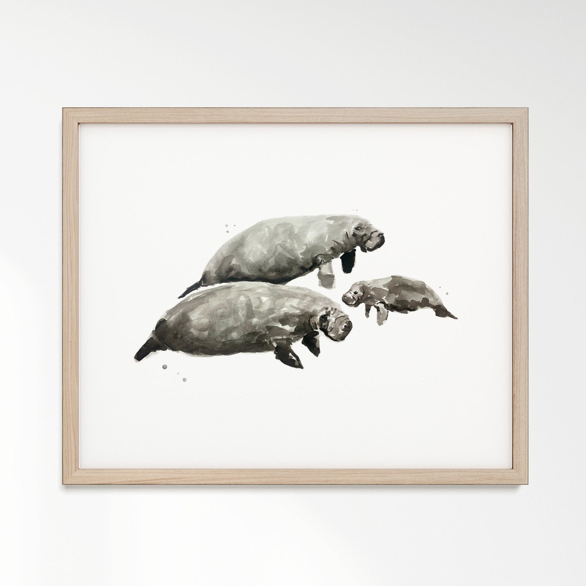 Manatee Family of 3 Ocean Animal Watercolor Art Print - Art Prints - Moon Rock Prints