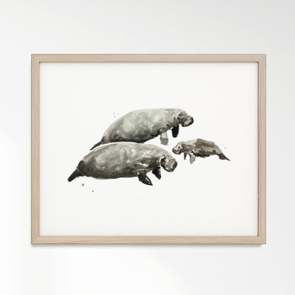Manatee Family of 3 Ocean Animal Watercolor Art Print - Art Prints - Moon Rock Prints
