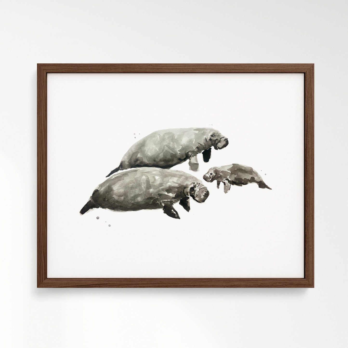 Manatee Family of 3 Ocean Animal Watercolor Art Print - Art Prints - Moon Rock Prints