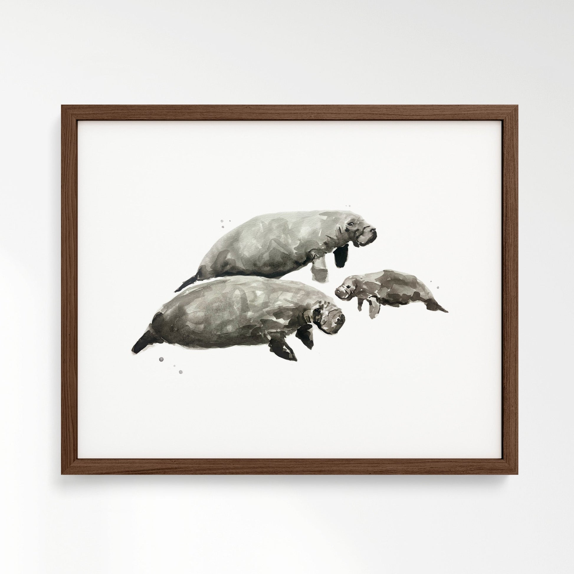 Manatee Family of 3 Ocean Animal Watercolor Art Print - Art Prints - Moon Rock Prints