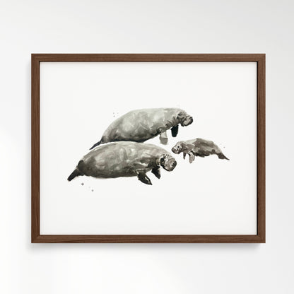 Manatee Family of 3 Ocean Animal Watercolor Art Print - Art Prints - Moon Rock Prints
