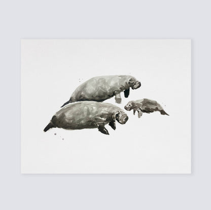 Manatee Family of 3 Ocean Animal Watercolor Art Print - Art Prints - Moon Rock Prints