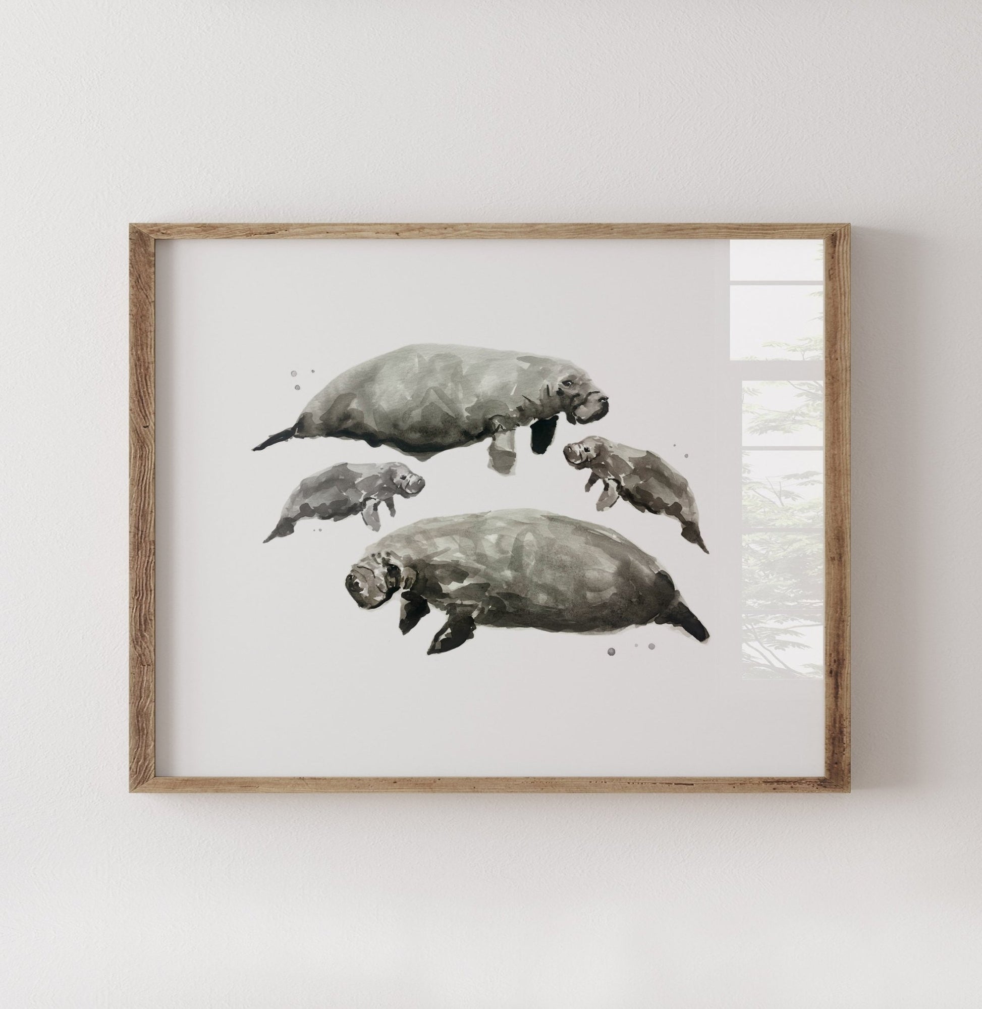 Manatee Family of 4 Sea Animal Watercolor Art Print - Art Prints - Moon Rock Prints