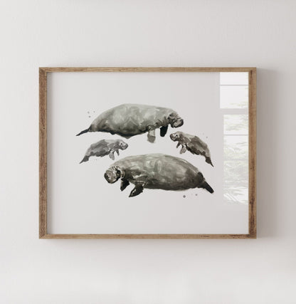Manatee Family of 4 Sea Animal Watercolor Art Print - Art Prints - Moon Rock Prints