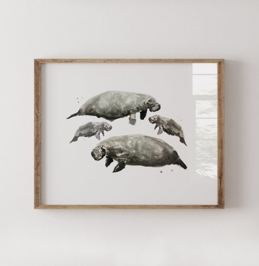 Manatee Family of 4 Sea Animal Watercolor Art Print - Art Prints - Moon Rock Prints