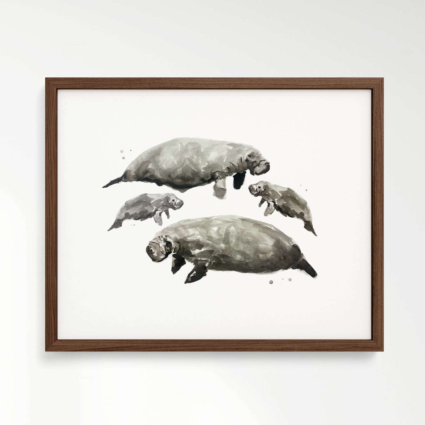 Manatee Family of 4 Sea Animal Watercolor Art Print - Art Prints - Moon Rock Prints