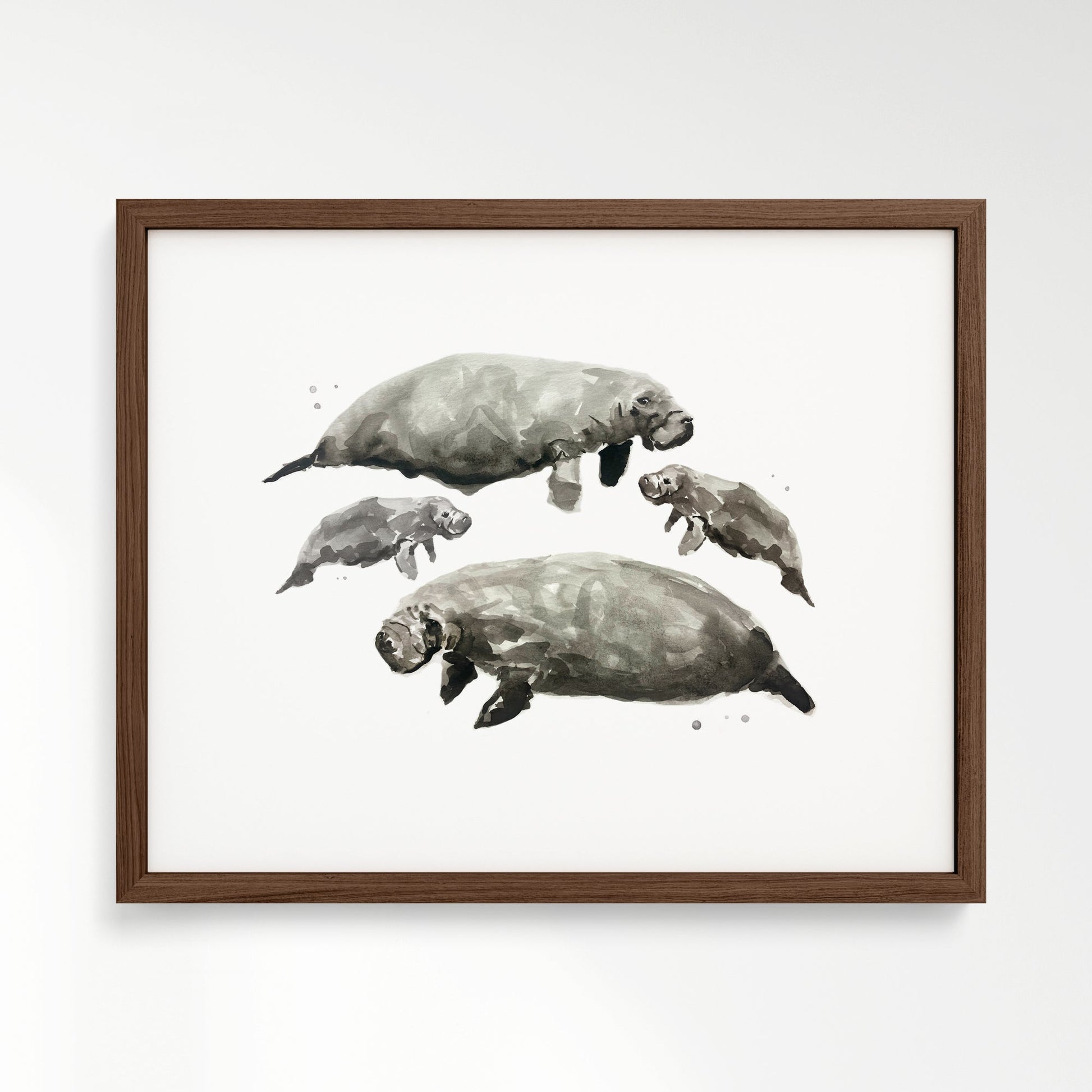 Manatee Family of 4 Sea Animal Watercolor Art Print - Art Prints - Moon Rock Prints