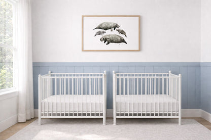 Manatee Family of 4 Sea Animal Watercolor Art Print - Art Prints - Moon Rock Prints