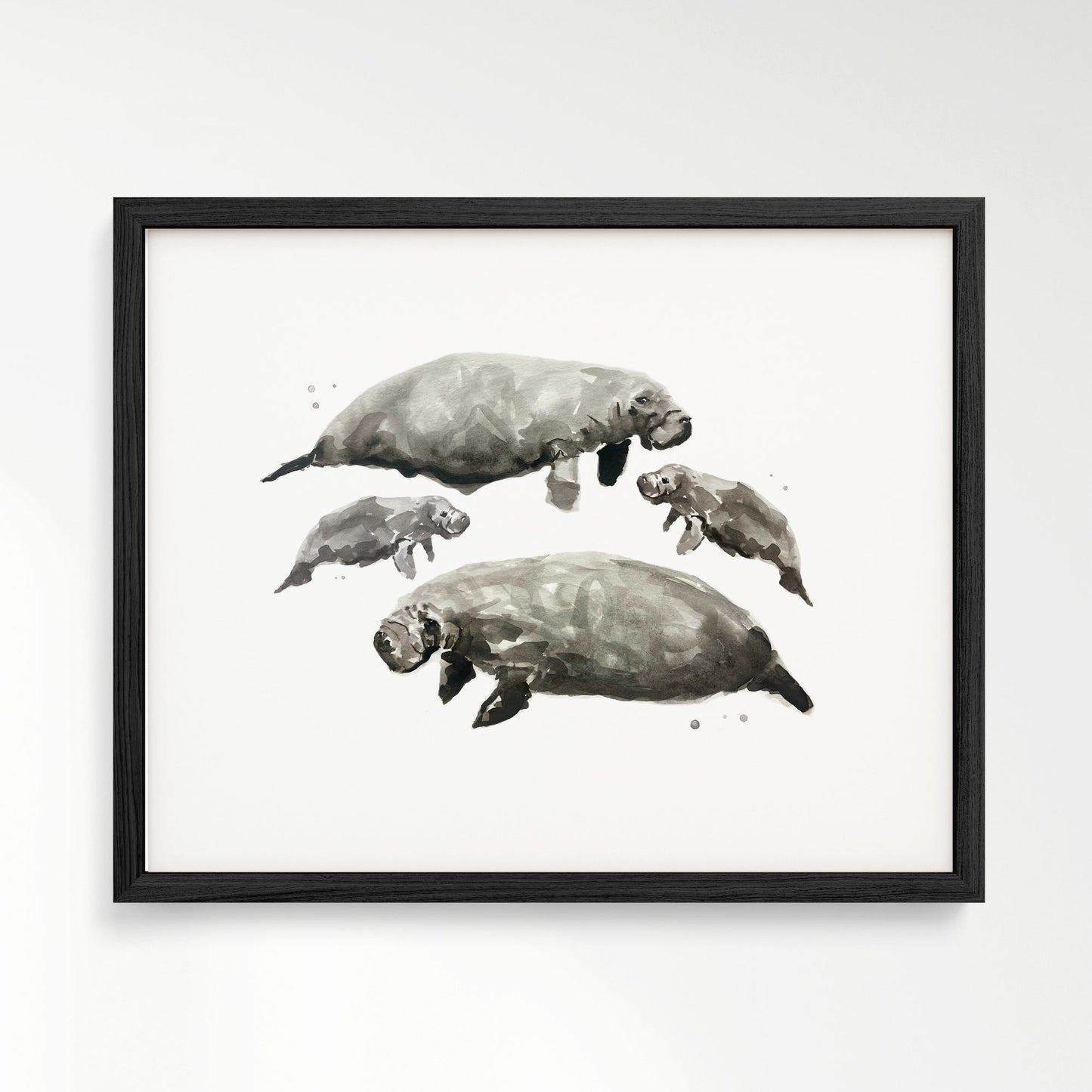Manatee Family of 4 Sea Animal Watercolor Art Print - Art Prints - Moon Rock Prints