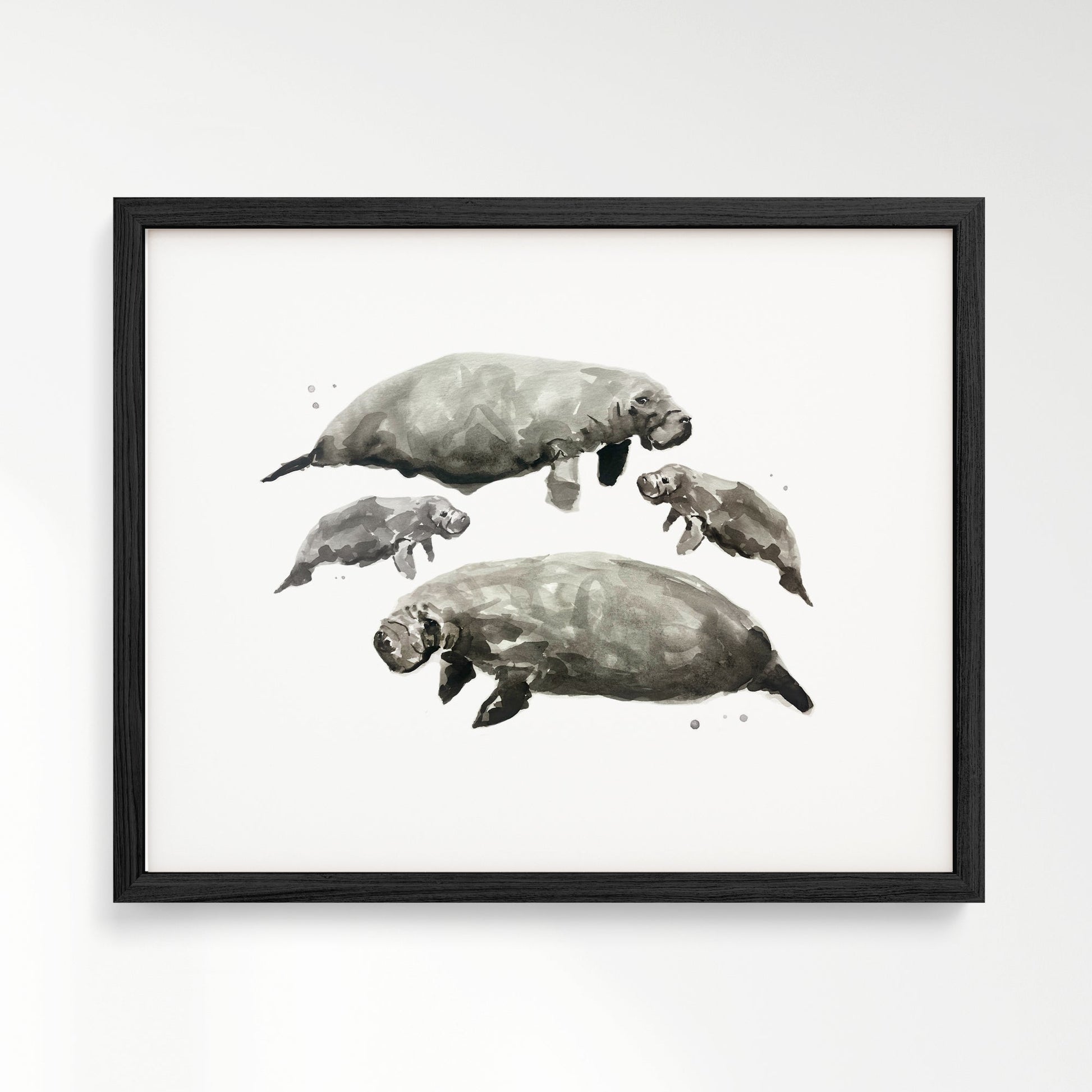 Manatee Family of 4 Sea Animal Watercolor Art Print - Art Prints - Moon Rock Prints