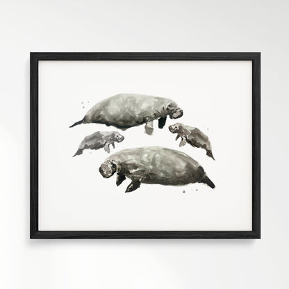 Manatee Family of 4 Sea Animal Watercolor Art Print - Art Prints - Moon Rock Prints