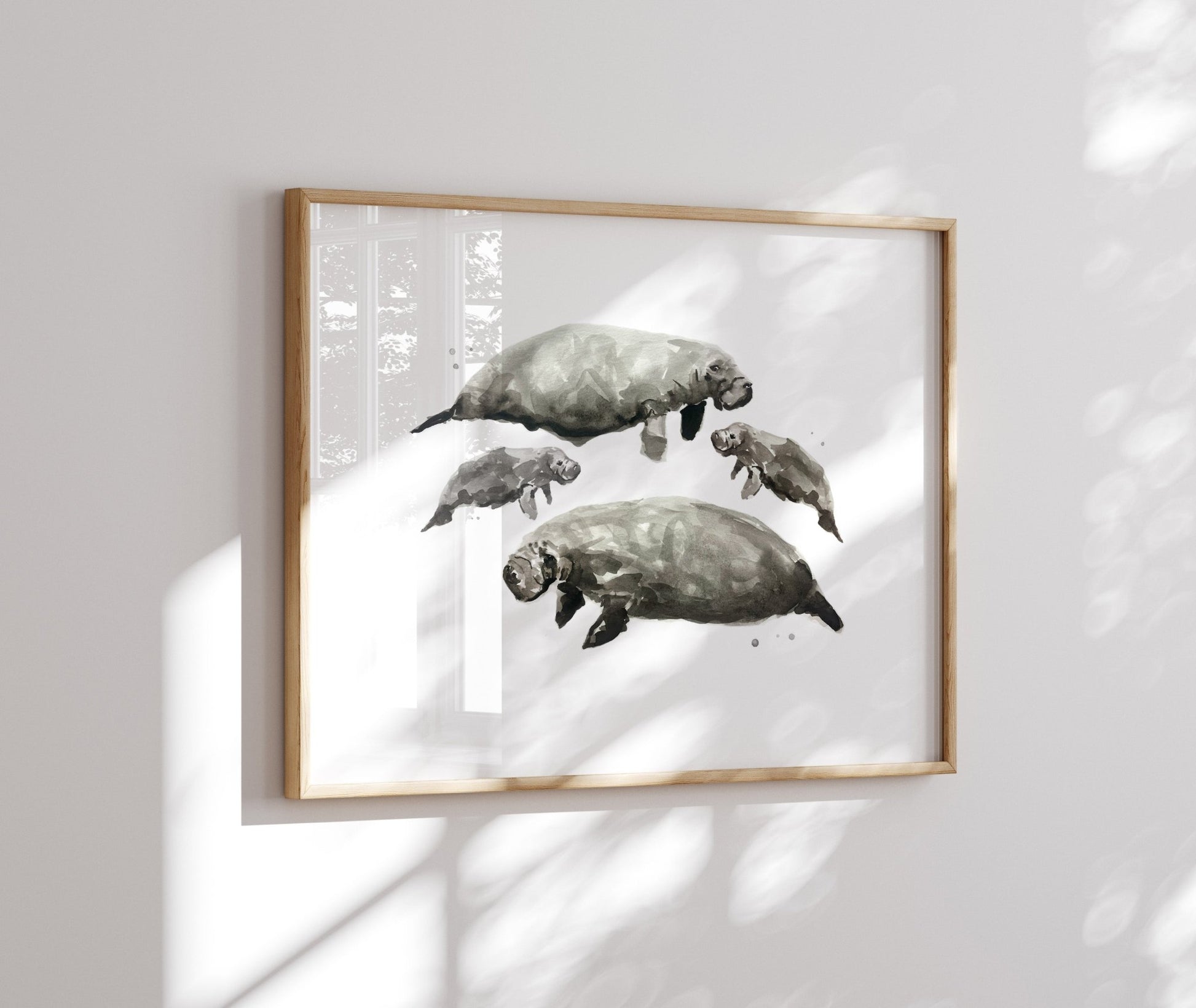 Manatee Family of 4 Sea Animal Watercolor Art Print - Art Prints - Moon Rock Prints