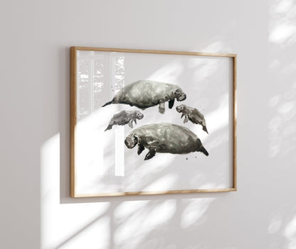 Manatee Family of 4 Sea Animal Watercolor Art Print - Art Prints - Moon Rock Prints