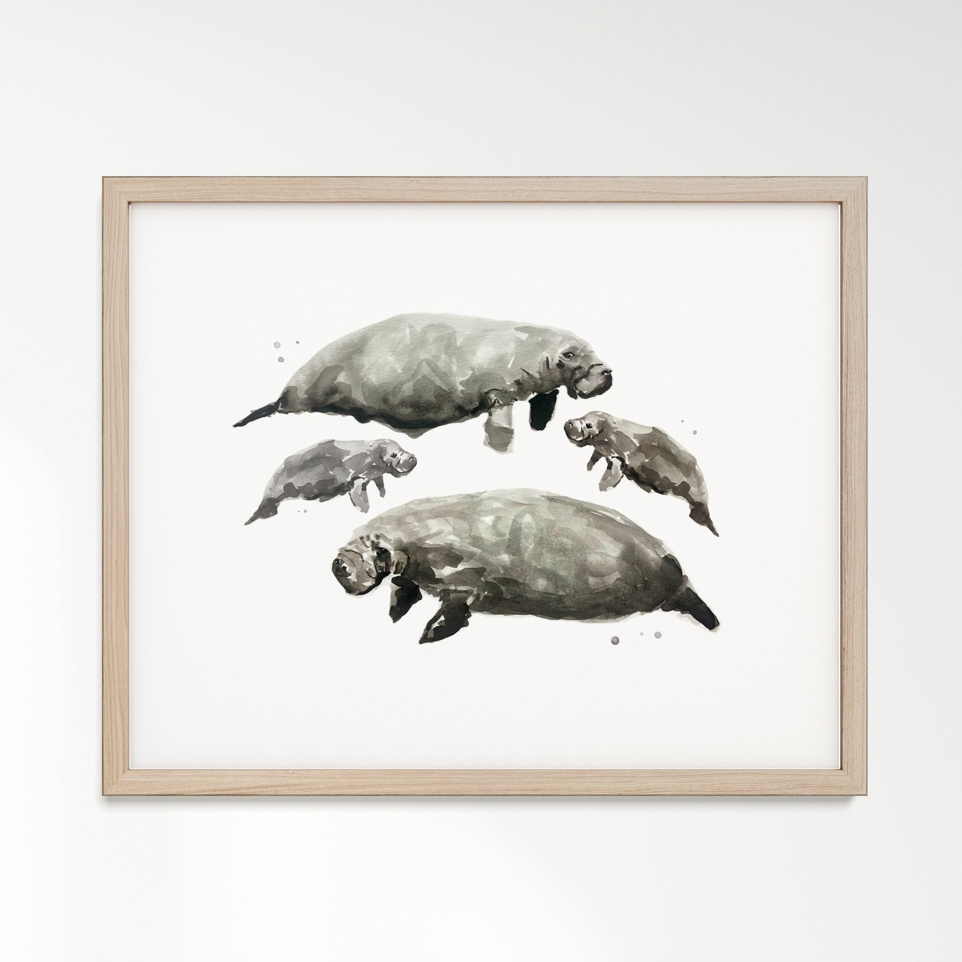 Manatee Family of 4 Sea Animal Watercolor Art Print - Art Prints - Moon Rock Prints