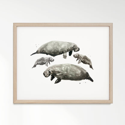 Manatee Family of 4 Sea Animal Watercolor Art Print - Art Prints - Moon Rock Prints