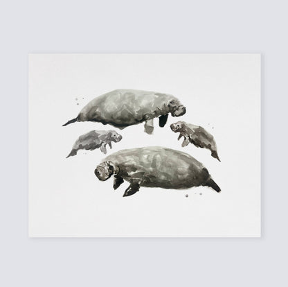 Manatee Family of 4 Sea Animal Watercolor Art Print - Art Prints - Moon Rock Prints