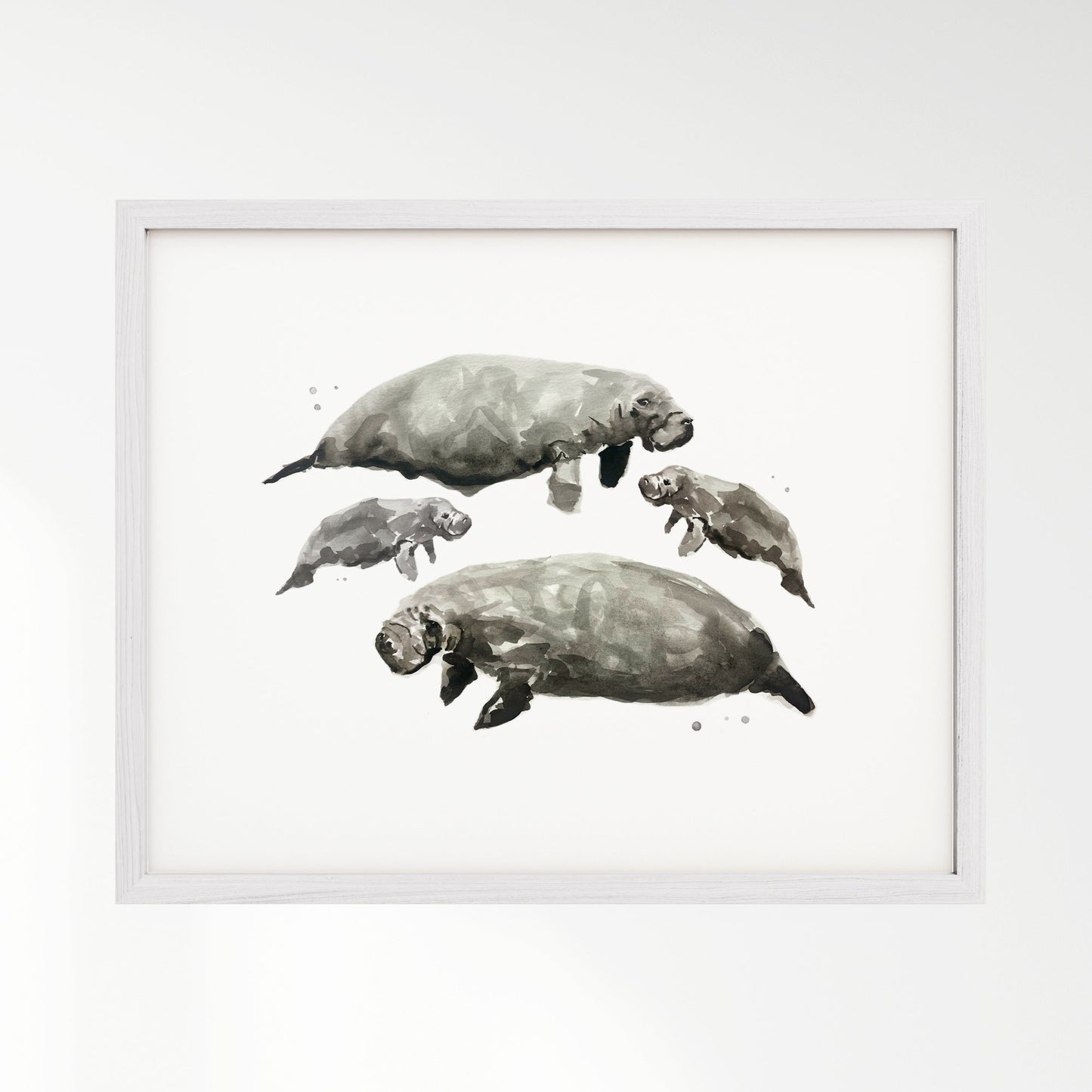 Manatee Family of 4 Sea Animal Watercolor Art Print - Art Prints - Moon Rock Prints