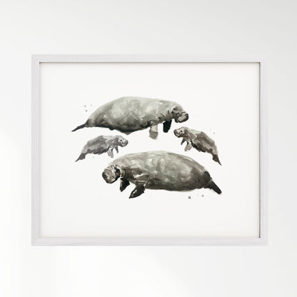 Manatee Family of 4 Sea Animal Watercolor Art Print - Art Prints - Moon Rock Prints