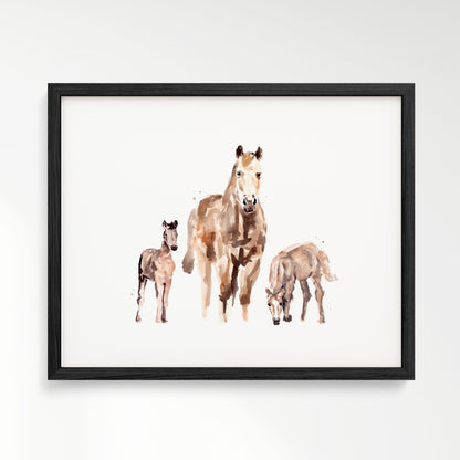 Mother Horse with Two Foals Watercolor Art Print - Art Prints - Moon Rock Prints