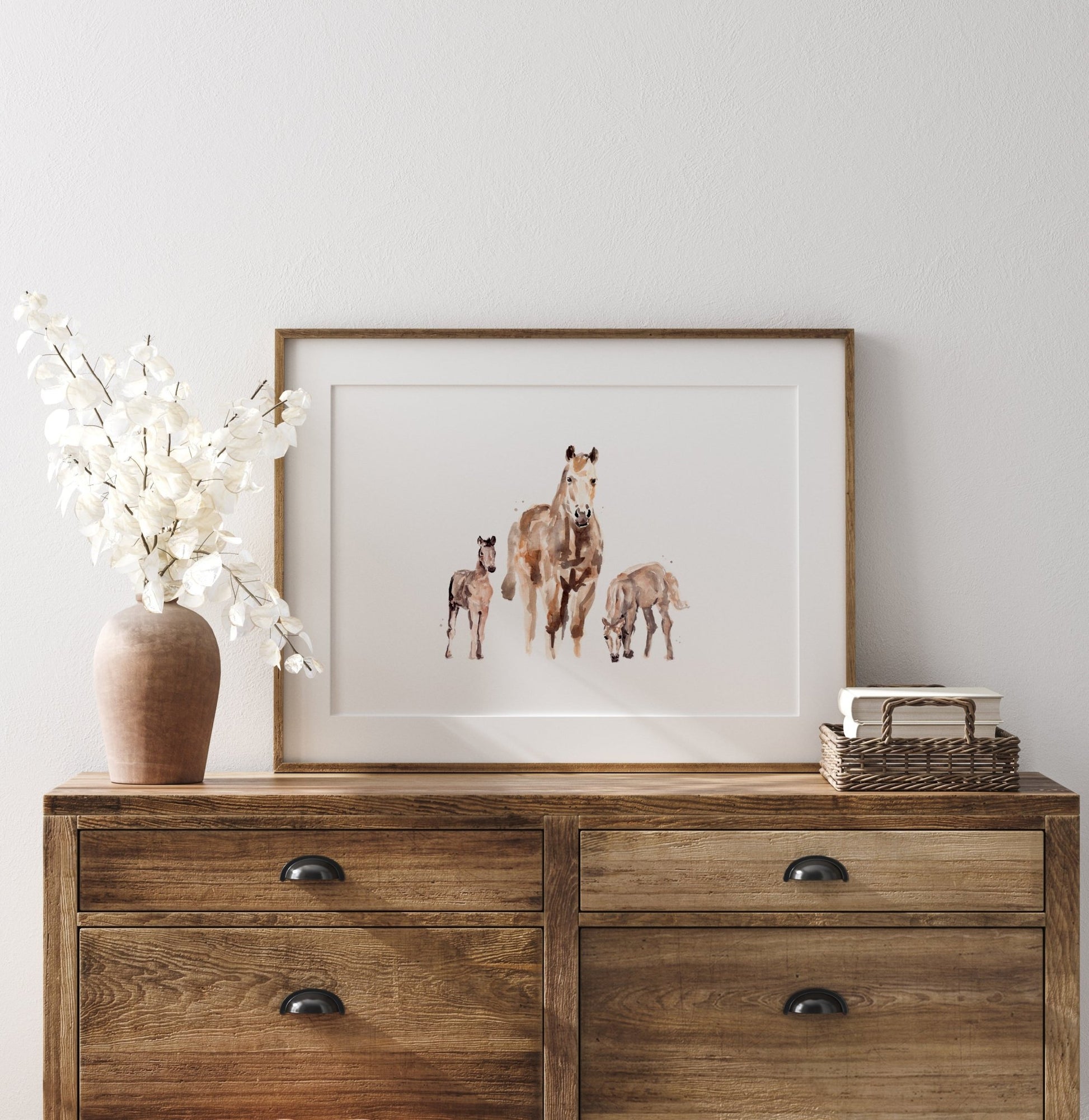 Mother Horse with Two Foals Watercolor Art Print - Art Prints - Moon Rock Prints