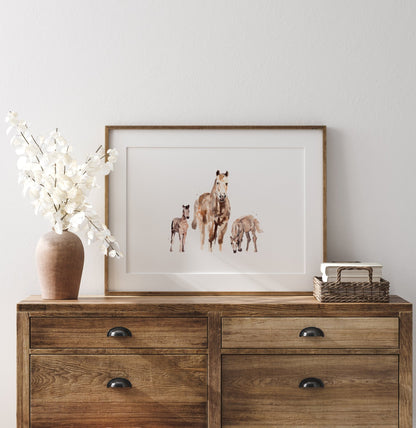 Mother Horse with Two Foals Watercolor Art Print - Art Prints - Moon Rock Prints