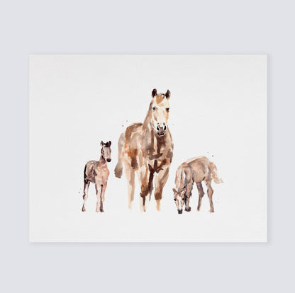 Mother Horse with Two Foals Watercolor Art Print - Art Prints - Moon Rock Prints
