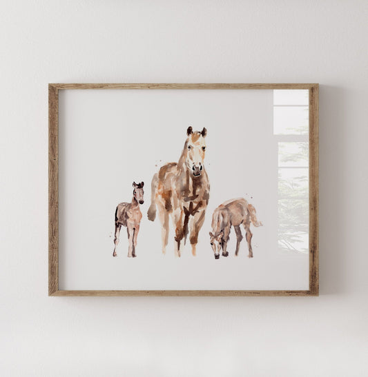 Mother Horse with Two Foals Watercolor Art Print - Art Prints - Moon Rock Prints