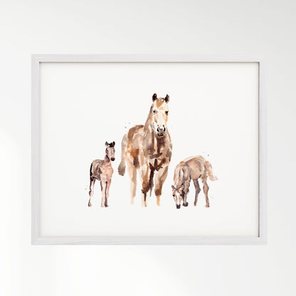 Mother Horse with Two Foals Watercolor Art Print - Art Prints - Moon Rock Prints