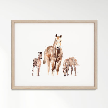 Mother Horse with Two Foals Watercolor Art Print - Art Prints - Moon Rock Prints